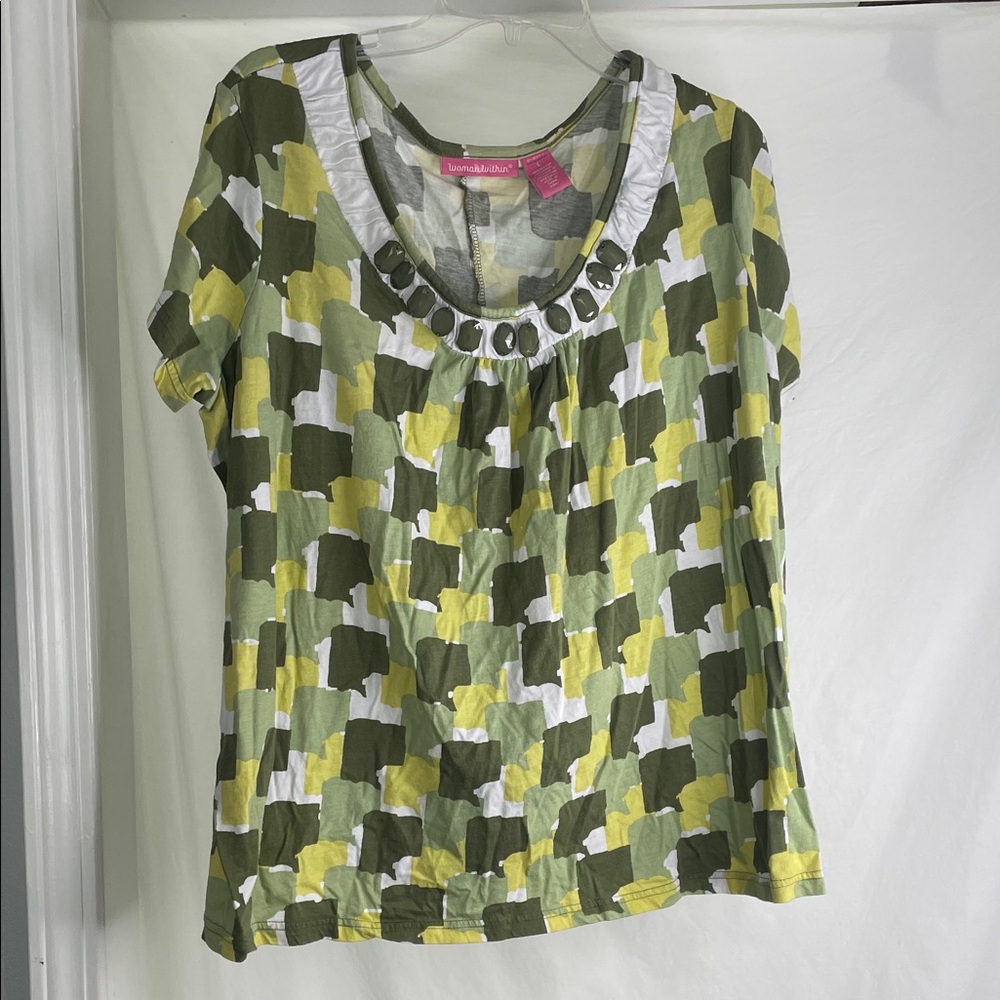 Green and Yellow Patterned Top with Beaded Neckline woman within L